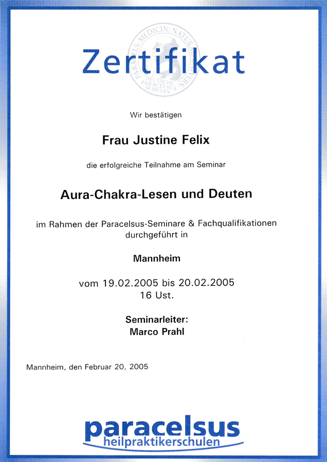 2005 - Zertifikat - Aura-Chakra-Lesen und Deuten